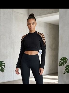 LALA Anthony Black High Neck Lace-Up Cropped Activewear Top Long Sleeve S (K-06)